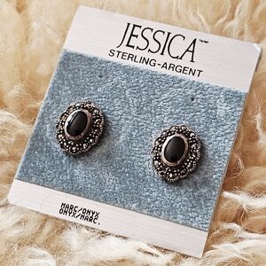 Vintage 925 Onyx Marcasite Sterling Silver Stud Earrings Brand New